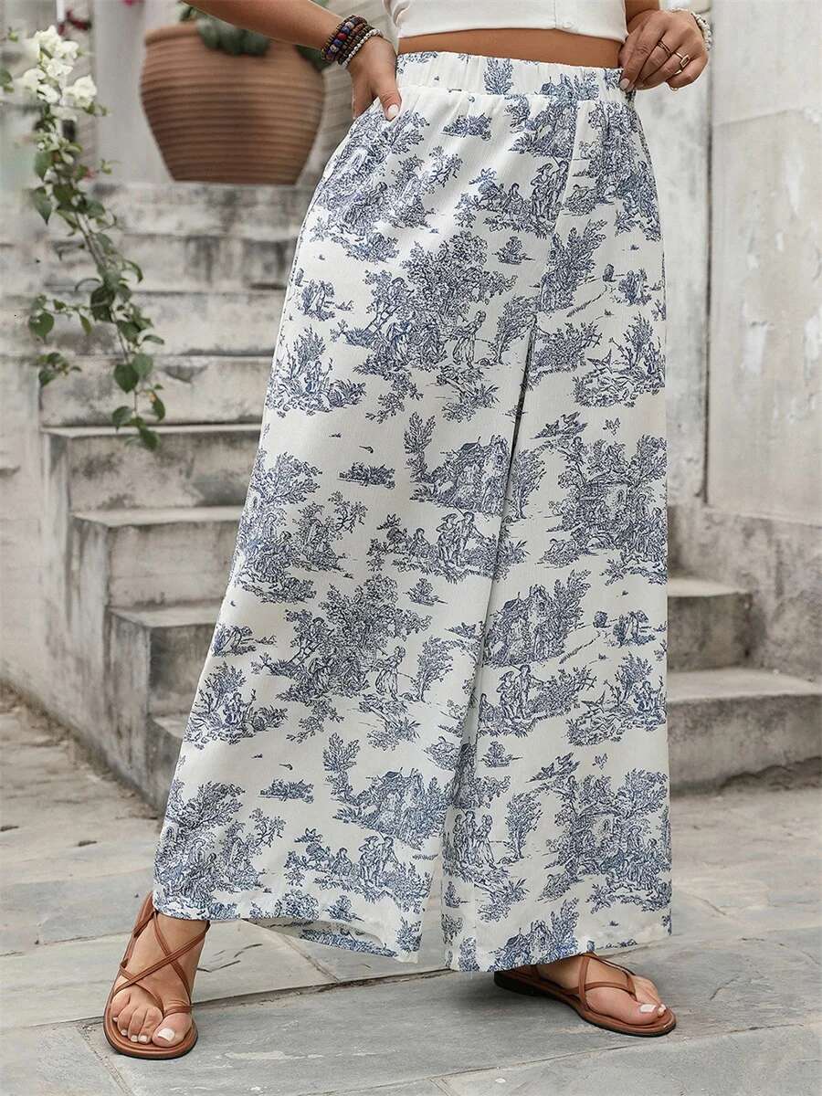 Womens Boho Chic Palazzo Pants with Vintage Paisley Print and Elastic Waistband for Casual Wear or Beach Vacation Outfits