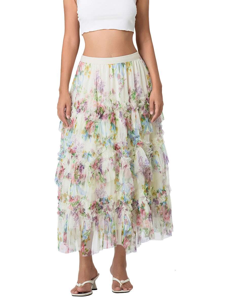 Womens Boho Chic Maxi Skirt with Vintage Floral Print Elastic Waistband and Flowy A-line Silhouette for Vacation Date