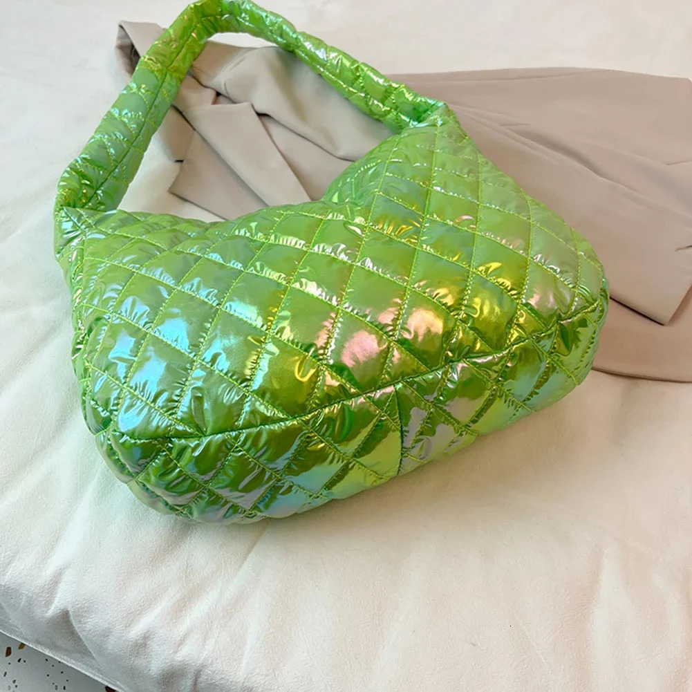 Autumn Winter Women Tote Bag Large-capacity Cotton Padded Ladies Tote Handbags Laser Multicolor Rhombus Pattern for Daily Life 250603