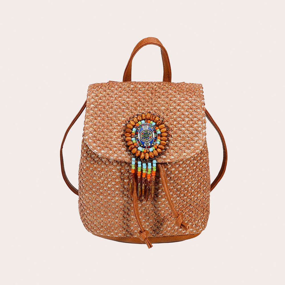 Straw Backpack New High-End Bucket Niche Design Woven Double Shoulder Bag