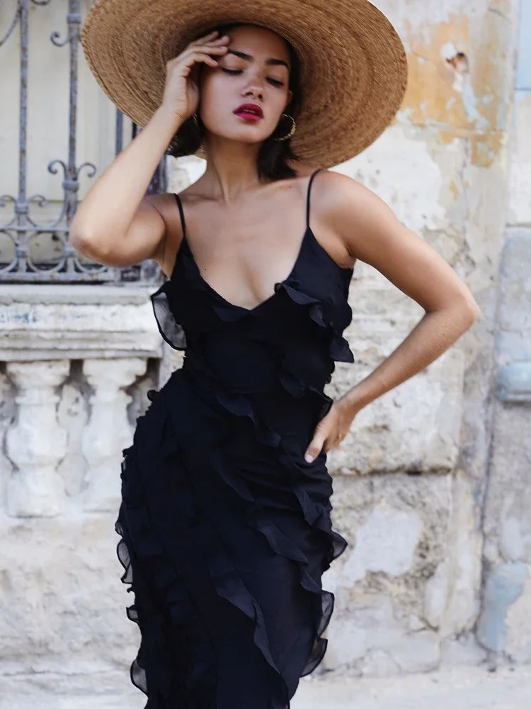 Summer Fashion Elegant Womens Sexy Chiffon Vacation Style Sling Dress with Ruffle Edge Style Long Dress 250605