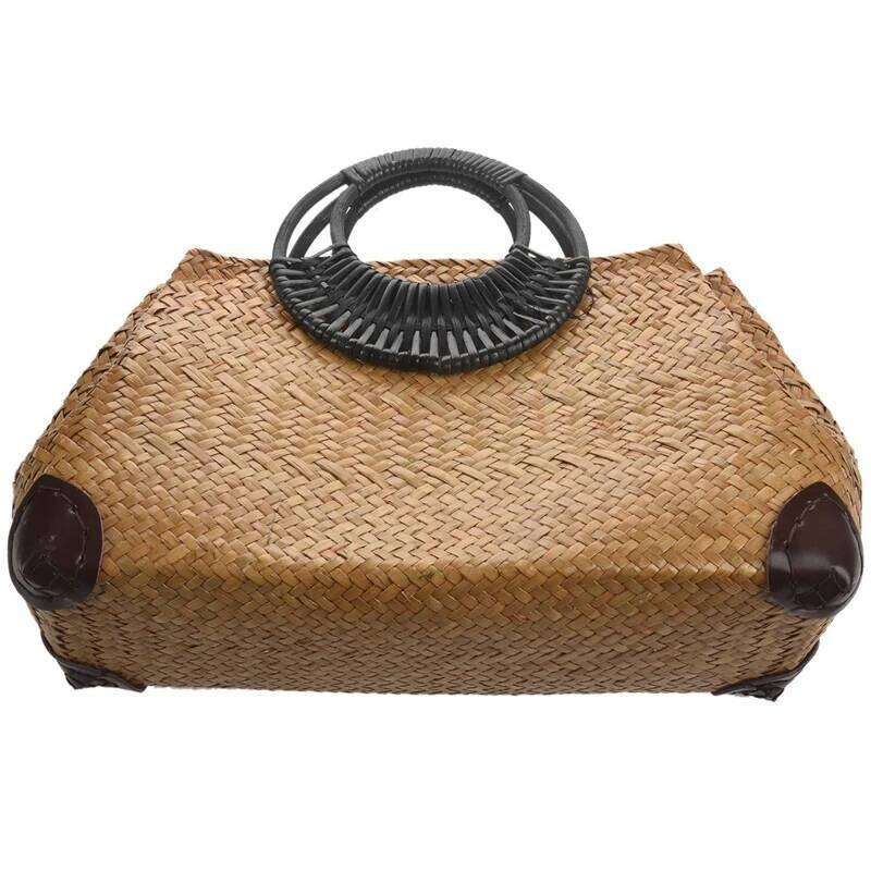Women Straw Female Bamboo Summer Beach Weave Handbag Lady Handmade Vintage Wood Handle Bag Travel Knitted Totes Bags