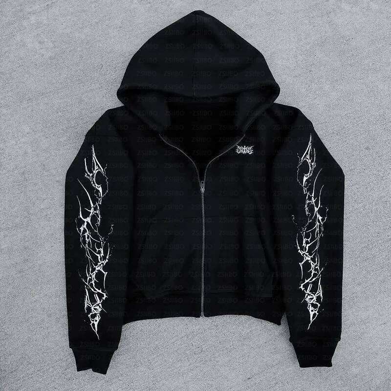 2025 new European and American retro punk complex design printed zipper cardigan hoodie trousers sweatpants suit street wear