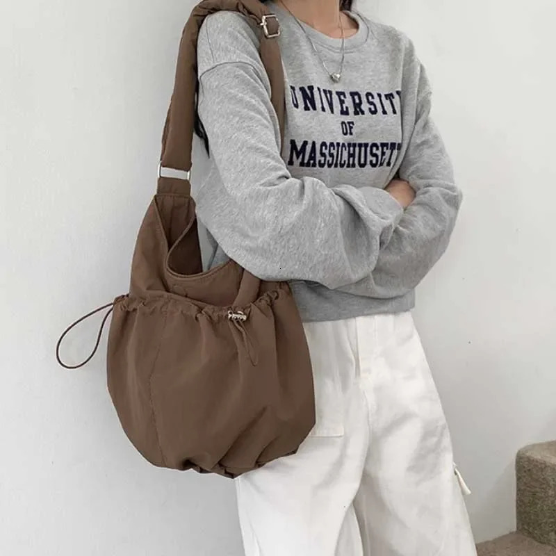 Pleated Crossbody Bags Solid Color Nylon Shoulder Bags for Women Large Capacity Handbag Student Class Bag Tote Bag 250606