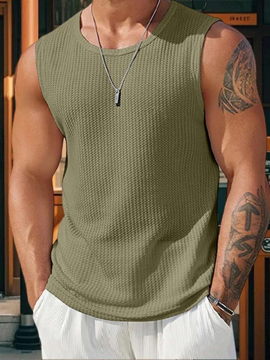 Mens Ribbed Knit Tank Tops in Solid Colors for Casual Wear Sleeveless T-shirt for Workout and Bodybuilding Streetwear Style