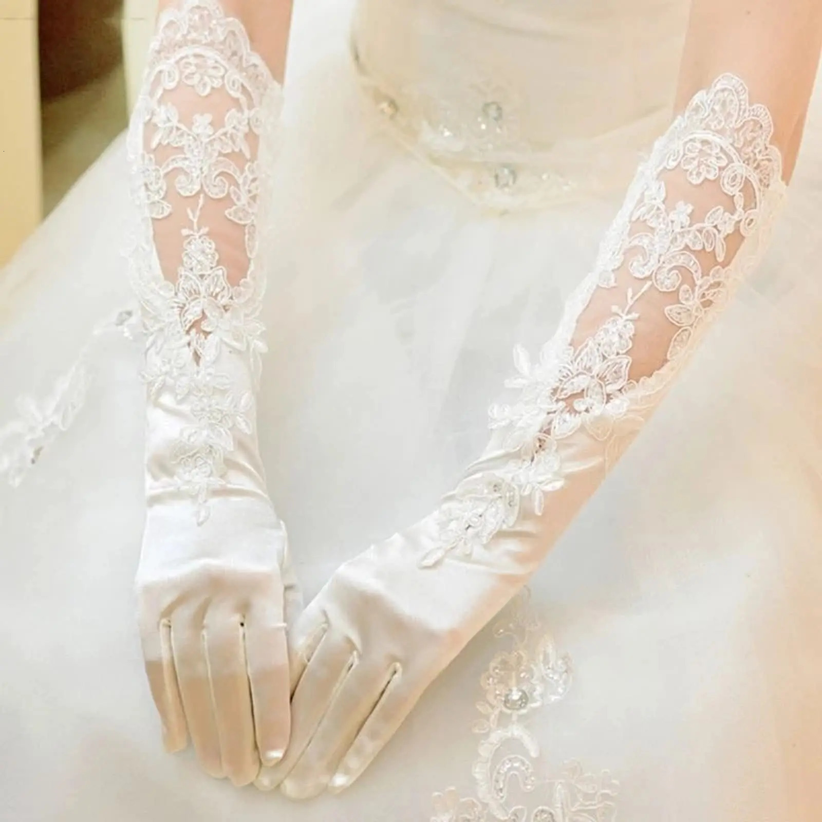 Elegant Satin Lace Gloves Long Bridal Gloves for Bride Flower Girl Wedding Prom Party 250603