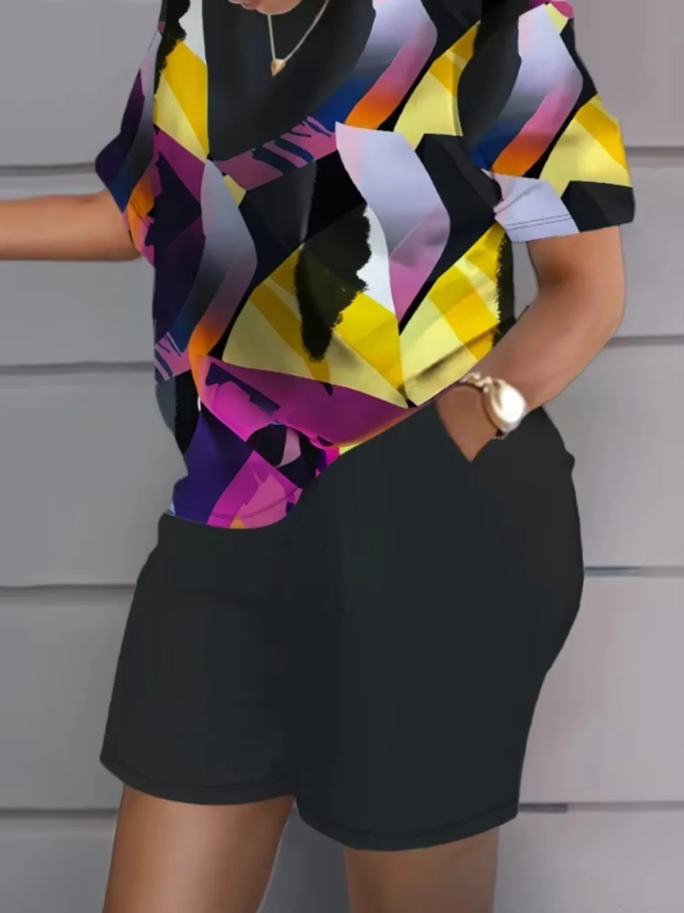 Plus Size Summer 1XL5XL Women Tie Dye Colorful Print Twopiece Sets Casual Short Sleeve Round Neck TShirt Shorts Loungewear 250603