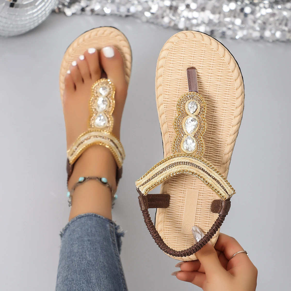 Womens retro casual Roman flat non-slip beaded sandals 250604