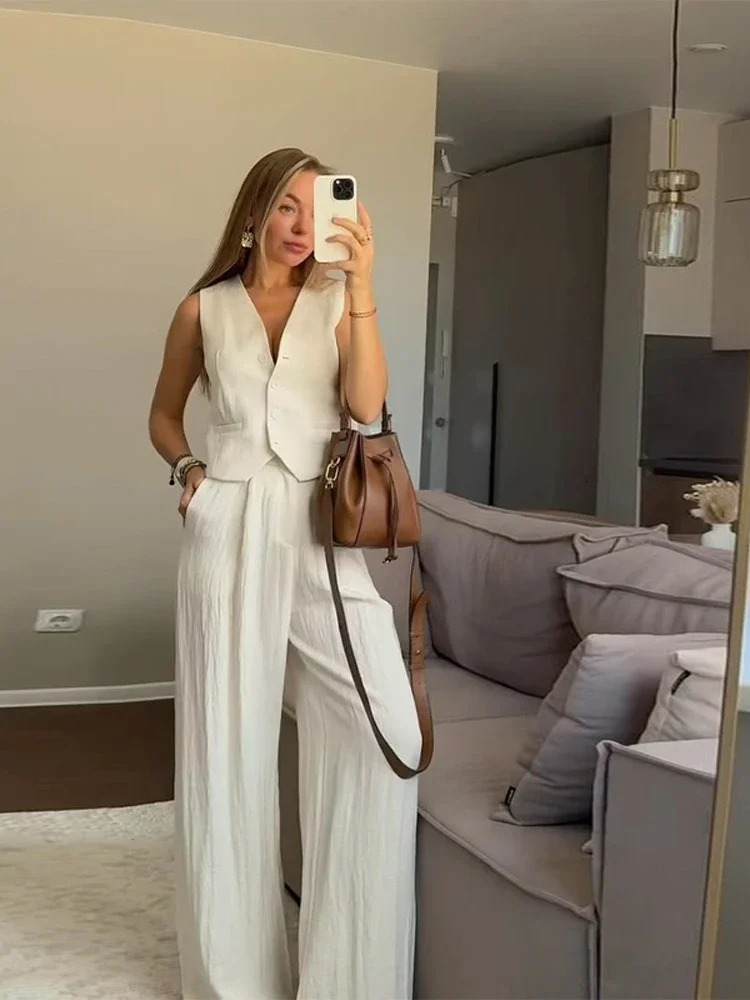 Fashion Womens Vest Trouser Suits Sleeveless Button Wide Leg Pant Lady Set 2025 Spring Summer Casual 2 Pieces Set Women 250605
