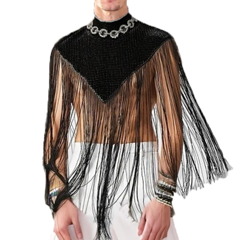 Mens Clothing Irregular Tank Tops Fashion Vests Tassel Patchwork Turtleneck Sleeveless Streetwear Leisure Sexy Cloak Ponchos 250527