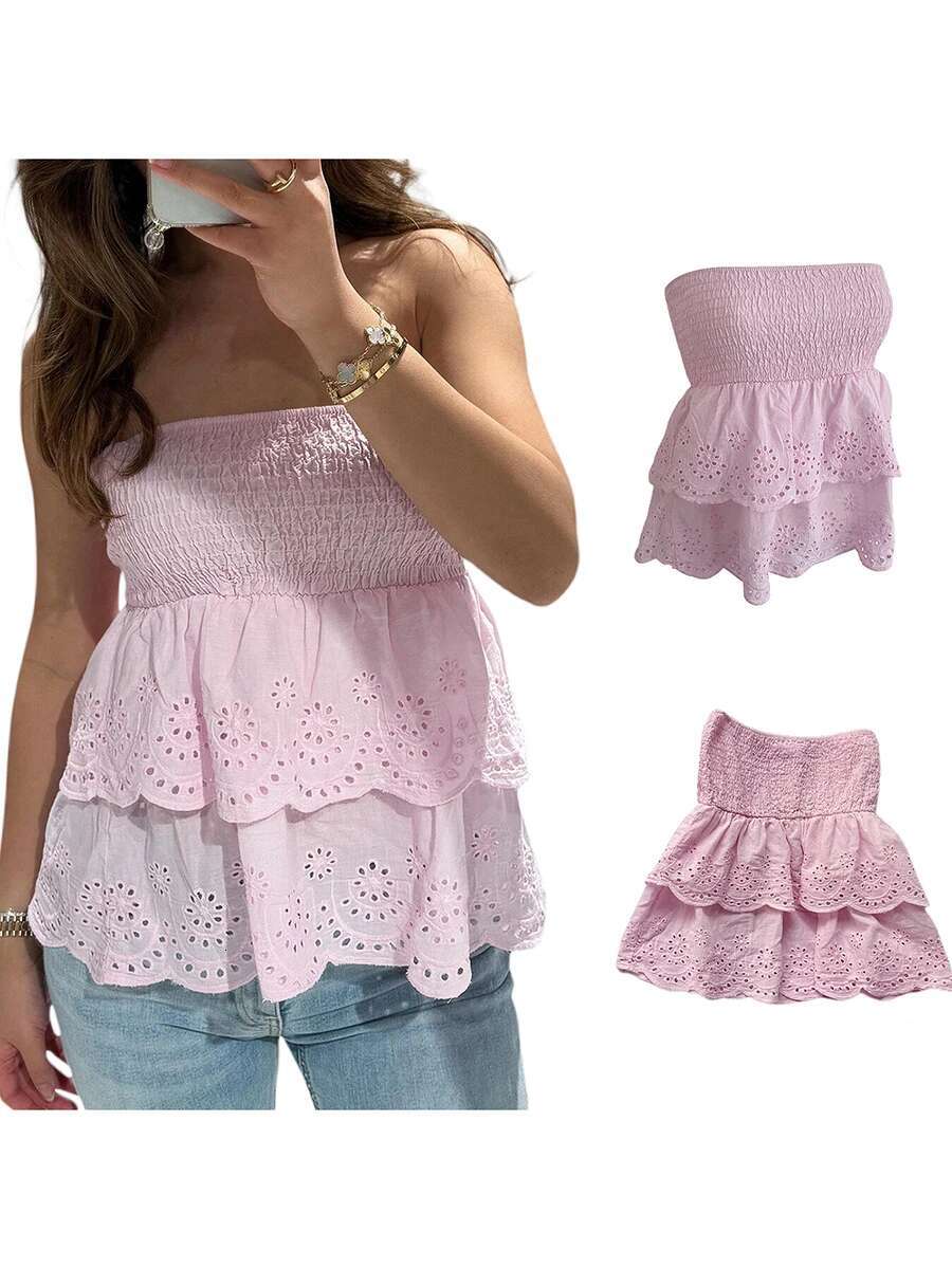 Womens Stylish Off-shoulder Crop Tops with Ruffle Trim and Smocked Waistband for Casual Summer Outfits