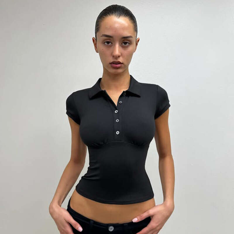 American Style Sports Summer Solid Color Hot Girl Women's Top Turn-down Collar Pullover Stretch Tight Button-down Slim Fit Short Sleeve T-shirt 2