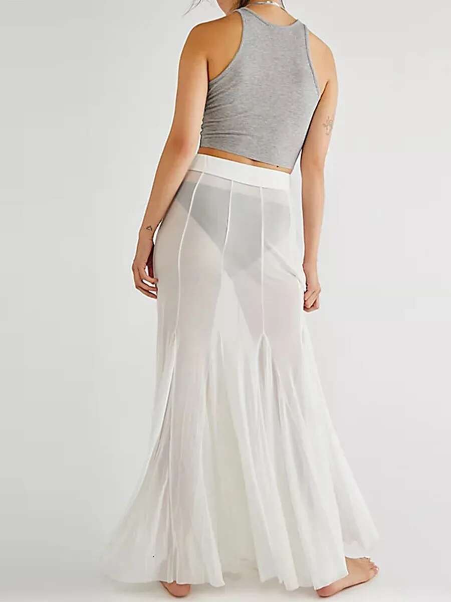 Elegant Womens Sheer Mesh Maxi Skirts with Elastic High Waist and Ruffle Hem Flowy A-line Midi Skirts for Casual Wear