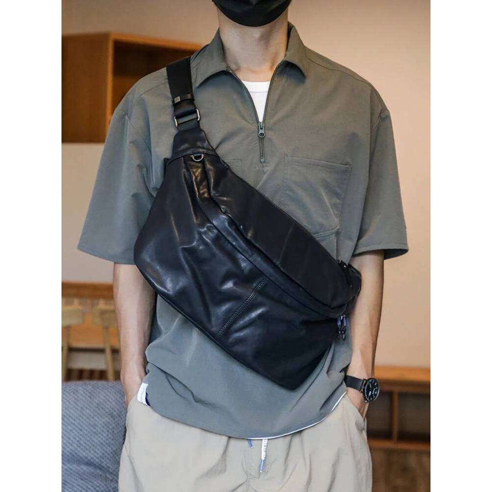 Soft Black Cowhide Leather Men's 14-15.6 inch laptop Messenger Crossbody Bag Large Capacity Back Pack Casual Chest Bags