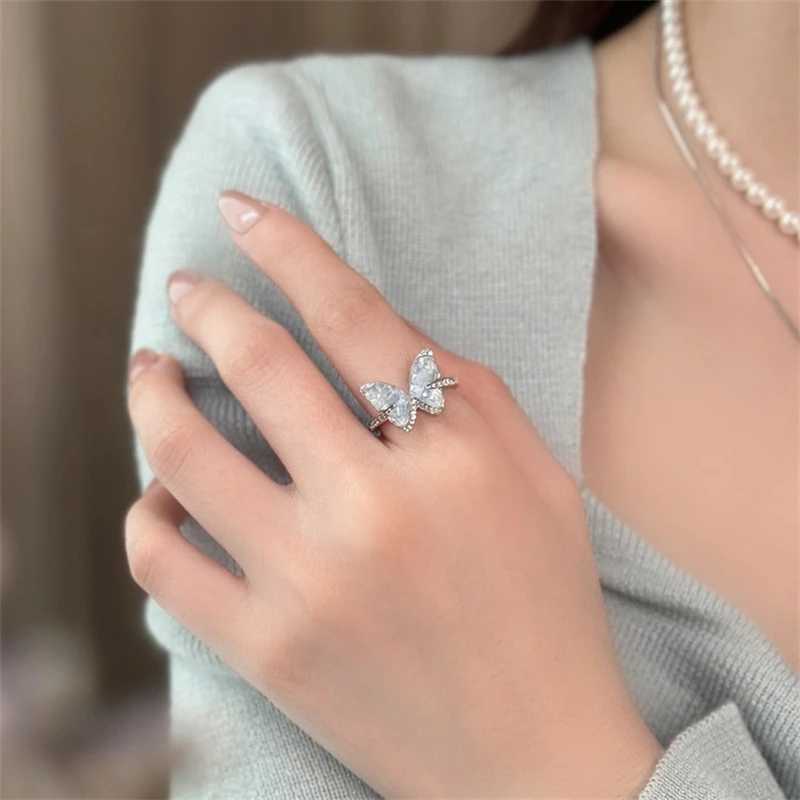 New Fashion Blue Crystal Butterfly Pearl Earrings Ring Necklace for Women Advanced Bilayer Choker Wedding Jewelry Set Z250607