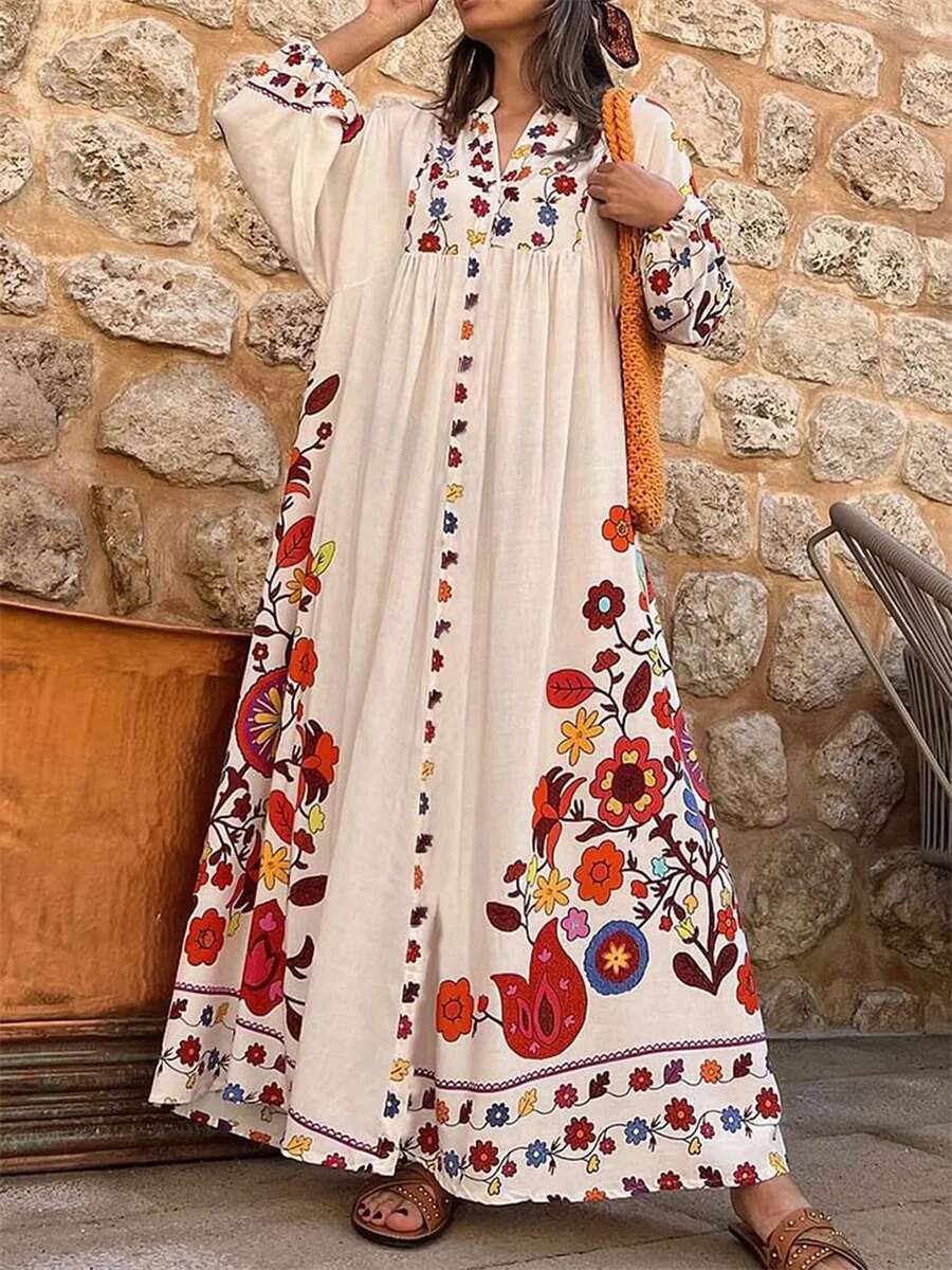 Womens Elegant Floral Print V-neck Long Sleeve Maxi Dress with Flowy Silhouette for Casual Fall Style