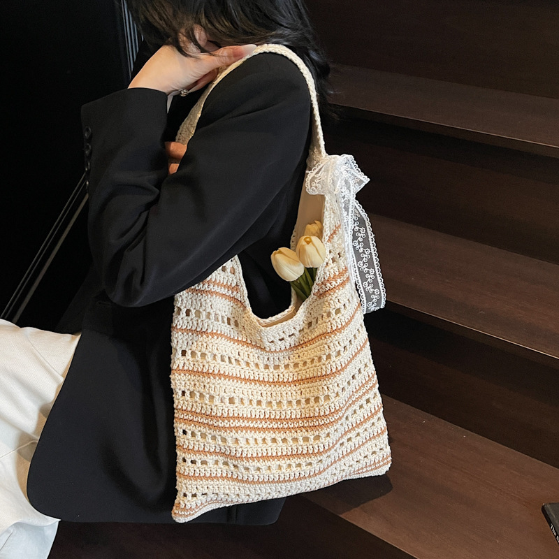 designer Korean and Japanese Style Striped Cotton Hollow Bag 2025 Summer Beach Vacation Woven Bag Simple Lazy Style Handbag Shoulder Bag