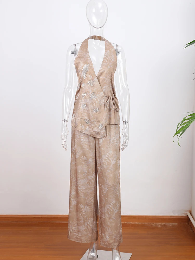Chic Halter Bead Embroidery Long Pants Set Women Lace Up Backless Sleeveless Tank Top Wide Leg Trousers Suits2025 Female Outfits 250605