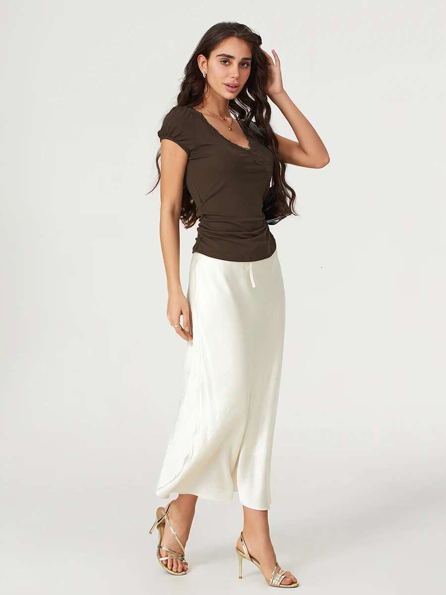 Womens Short Sleeve Lace Patchwork V-neck T-shirt Summer Fit Casual Top Streetwear Fashion Blouse Trendy Tee