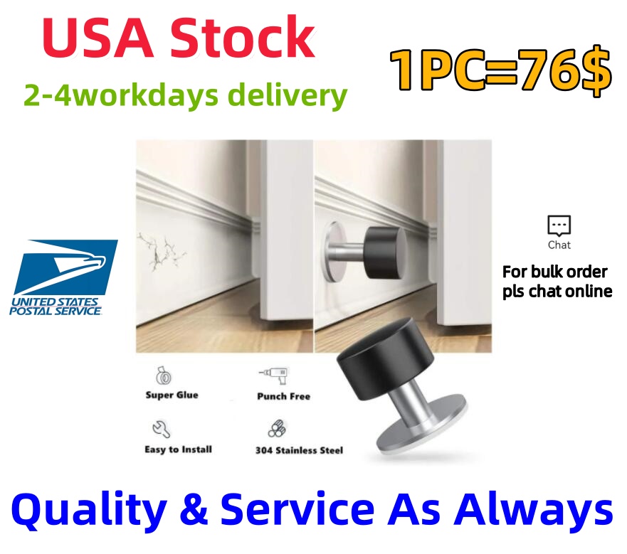 USA Stock Adhesive Wall Mounted Door Stop Stainless Steel Doorstop for Floor with Sound Dampening Bumper