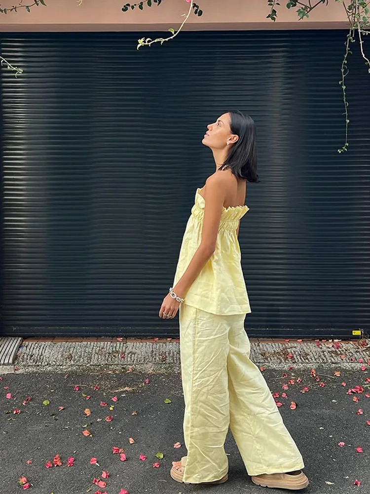 Sexy Womens Two Pieces Set Pleated Tube Top Trouser Suits Solid Sleeveless Straight Pants 2025 Summer Fashion Female Suit 250605