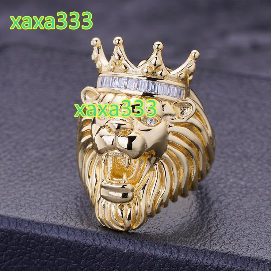Customization Over Real 925 Silver 10K Yellow Gold Created Diamond Textured Roaring Baguette Crown Lion Face Ring