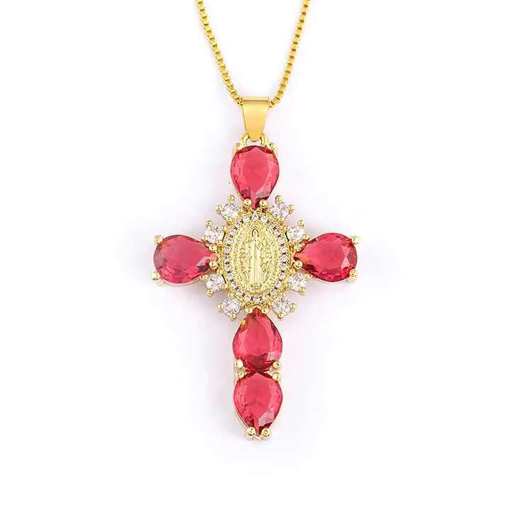 Luxury crystal stone religious cross pendant, Virgin Mary gold-plated necklace for women, 925 silver moissanite ladies' necklace