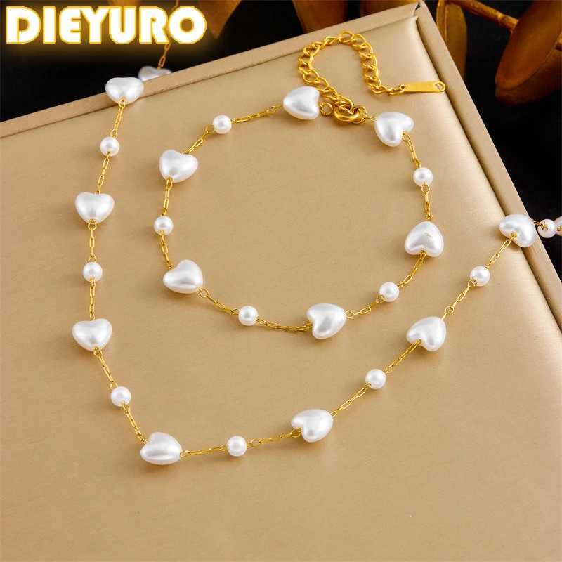 DIEYURO 316L StainlESS Steel White Irregular Heart Pearls Necklace Women New Trend Golden Non-fading Jewelry Set Z250607
