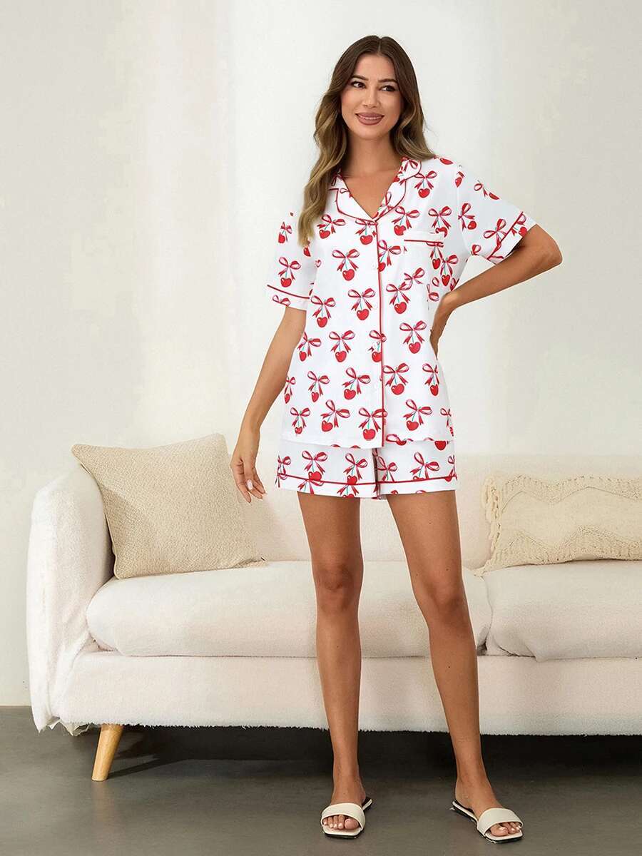 Valentine s Day Womens Pajama Set with Heart and Bow Print Short Sleeve Top and Shorts - Cozy Loungewear with Boots Design