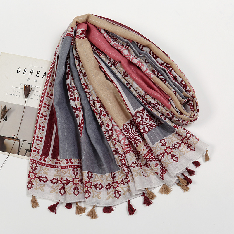 K953 Spring and summer new cotton and linen feel hanging beard tassel long scarf ethnic style pixel printing polyester beautiful shawl female