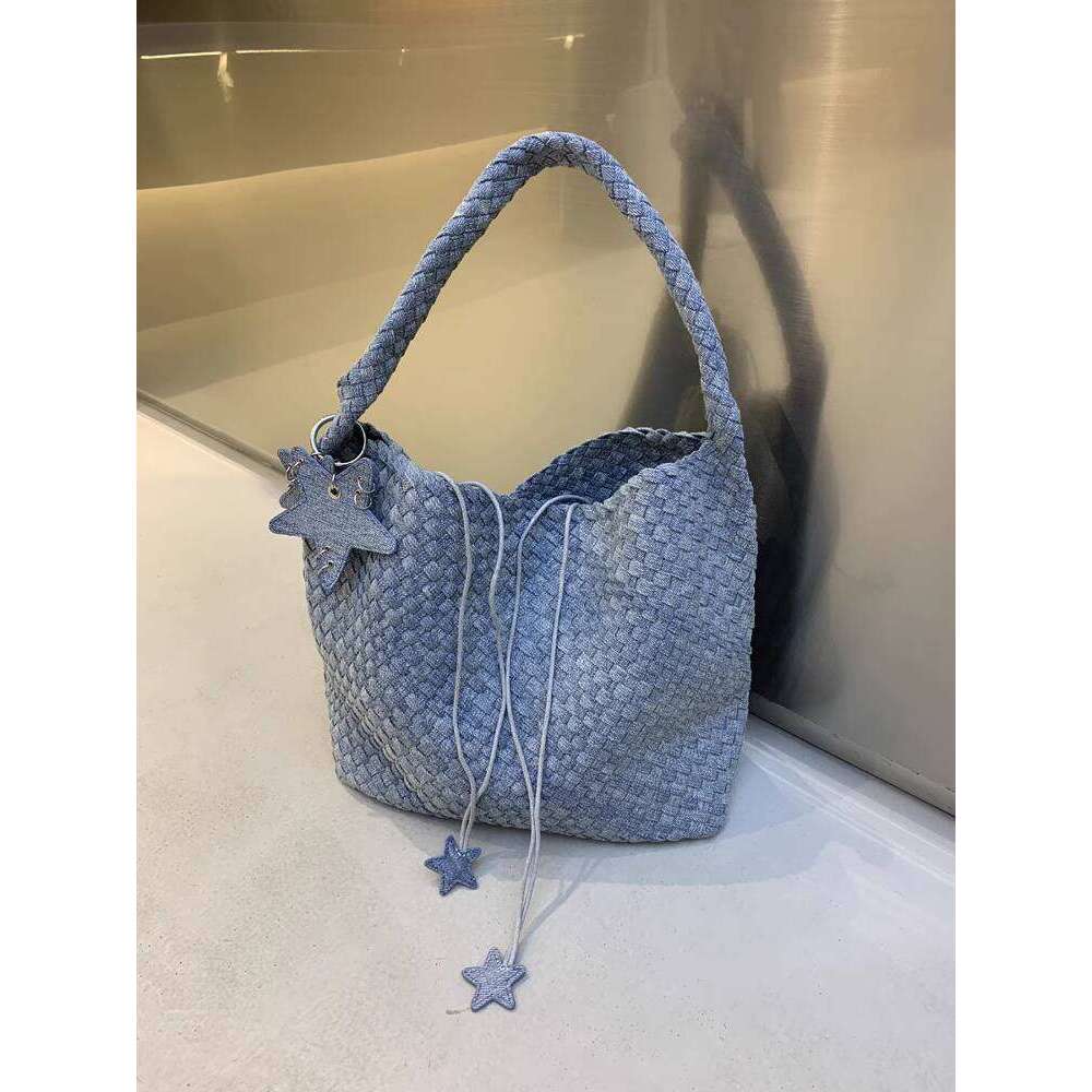 Tie Dye Denim Handwoven Tote Large Capacity Shopping Casual Shoulder Handbag Star Bag
