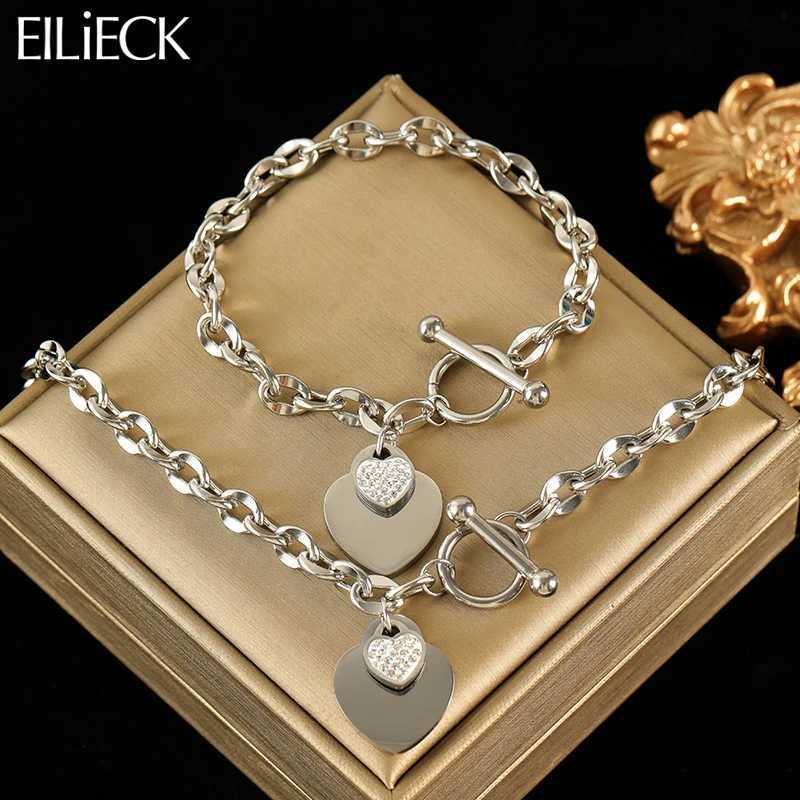 EILIECK New Fashion Stainless Steel Metal Double Heart Necklace Set For Women Waterproof Silver Color Jewelry Gift Z250607