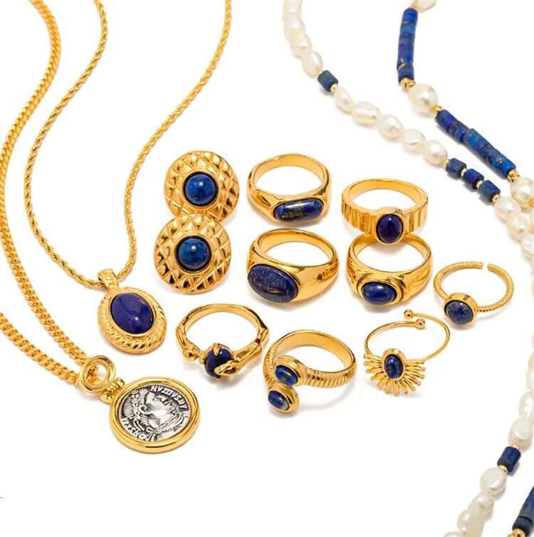 Fashion Lapis Lazuli Necklace Palace Retro Stainless Steel Ring Big Stone Ring