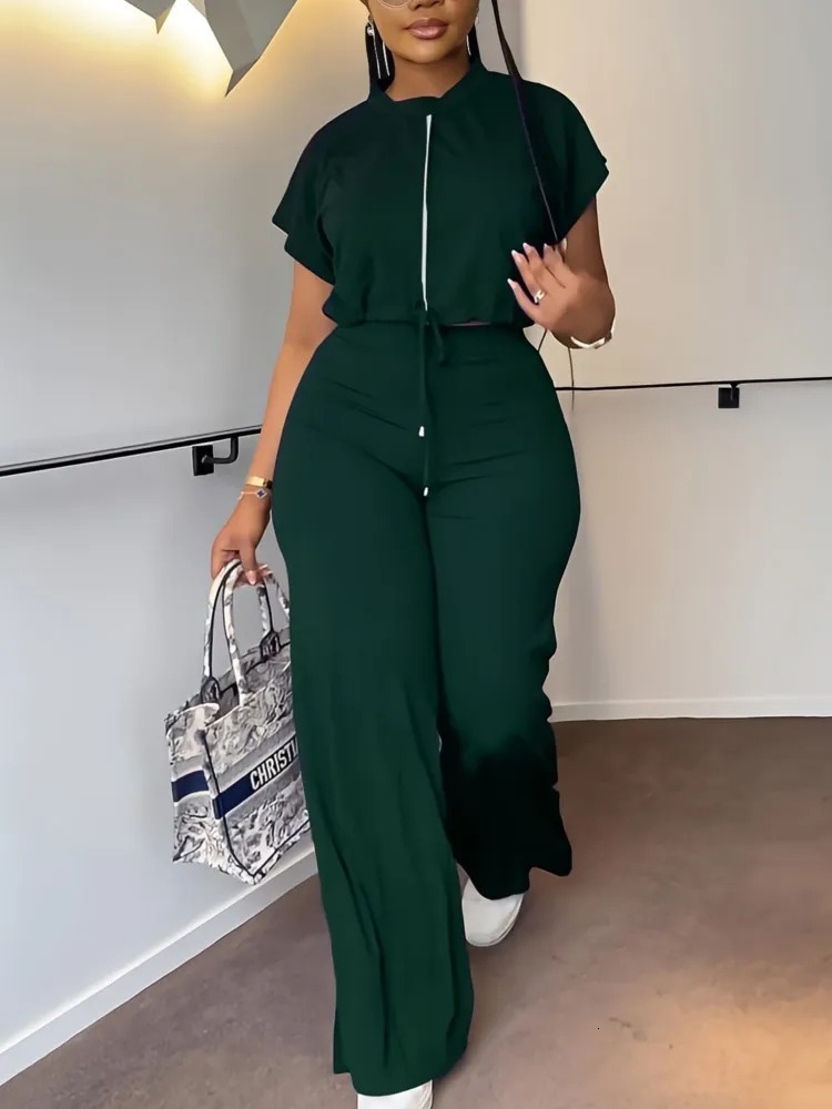 Women Casual Round Neck Drawstring Short Sleeve Top High Waist Pants Set Summer Solid Two Piece Suit Sets Outfits Set Female 250605