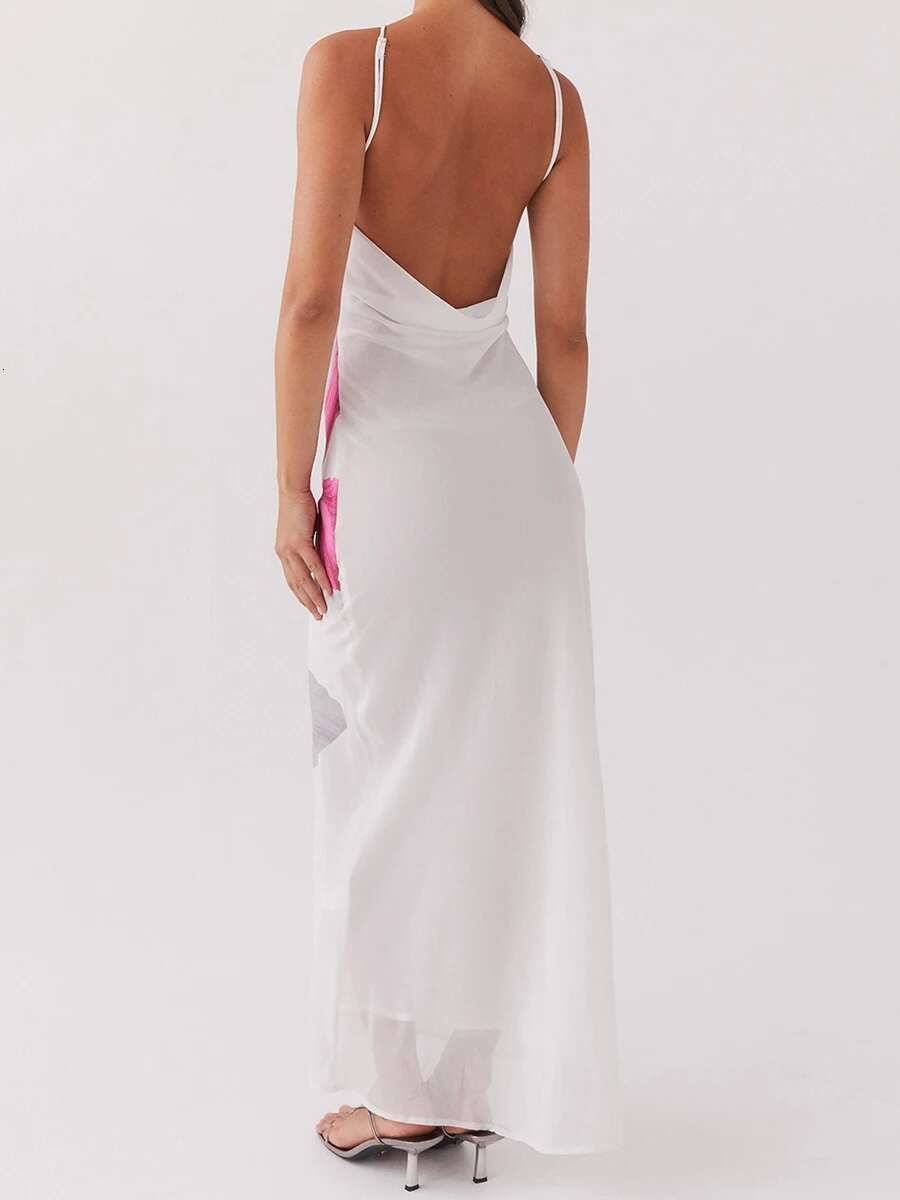 Elegant Floral Print Sleeveless Maxi Dress with Open Back and Fit Design for Summer Parties and Beach Vacations