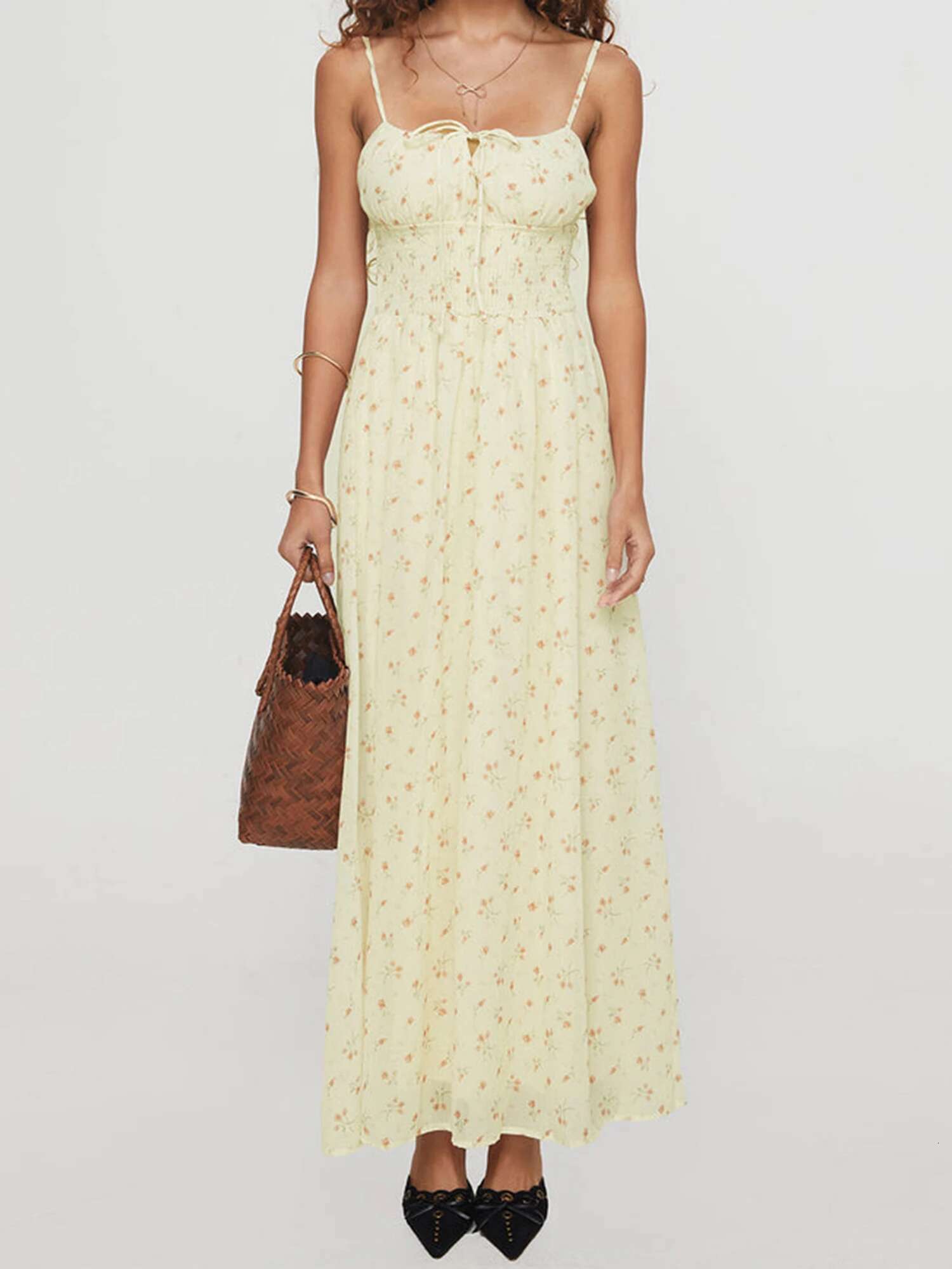 Elegant V-neck Maxi Dress Sleeveless Ruffle Hem Floral Print Dress for Wedding Guest Beach Party Evening Gown