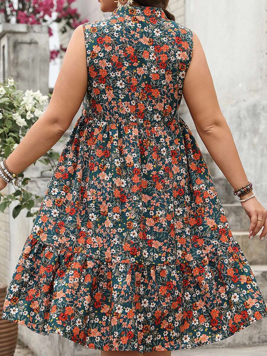 Women Plus Size Dress Geometric Print Round Neck Sleeveless Casual Dress Summer Casual A-line Dress with Pockets