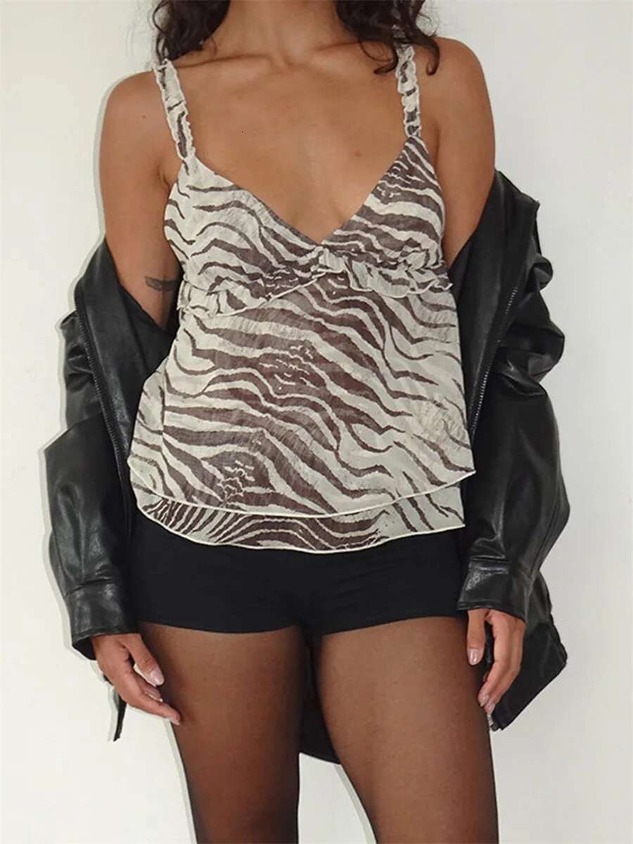 Leopard Print Sleeveless Crop Top with Adjustable Spaghetti Straps and V-neckline for Stylish Summer Outfits