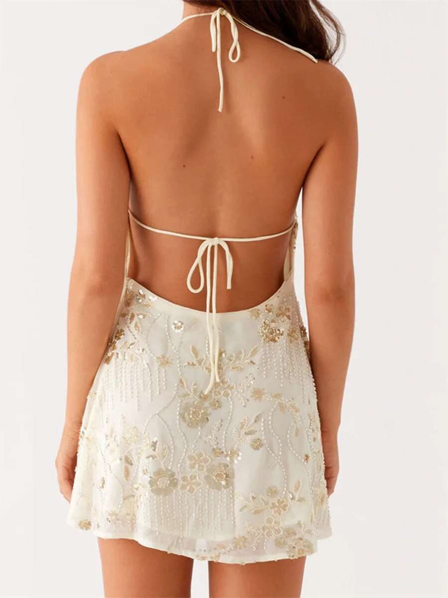 Womens Elegant Sleeveless V-neck Lace Floral Embroidered Backless Fit Cocktail Party Mini Dress