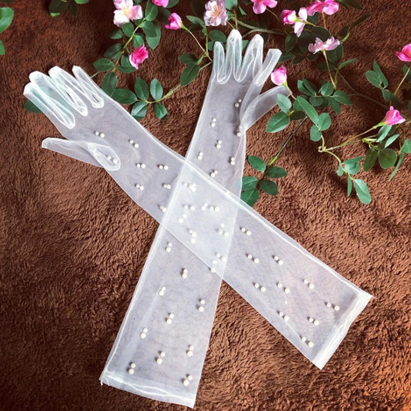 Women sexy Pearl Lace Tulle Gloves Wedding Bridal Gloves Mesh Yarn Long Full Finger Mittens 250603