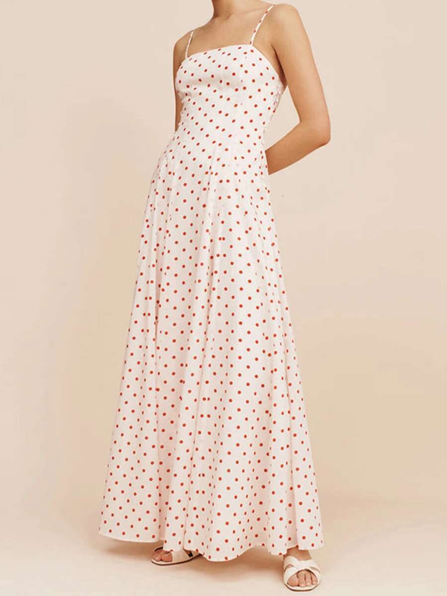 Womens Summer Long Cami Dress Floral Dot Print Sleeveless Spaghetti Strap a Line Dress