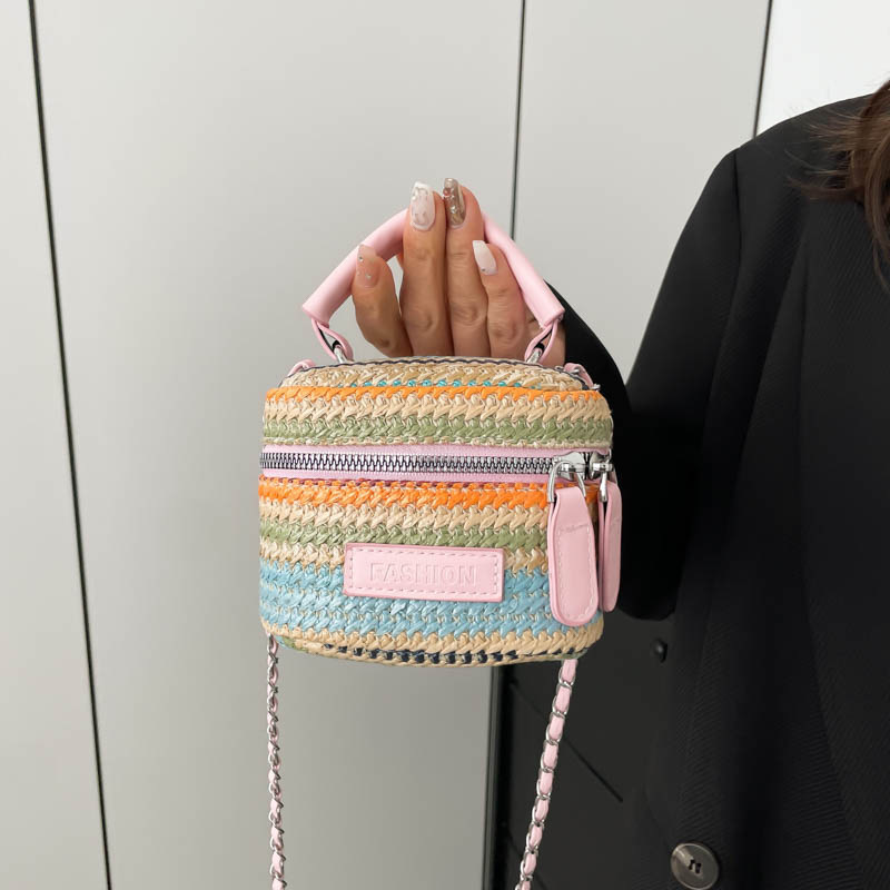 Luxury Brand Designer Bag Niche Light Luxury Bucket Bag For Women 2025 New Fresh Straw Bag Versatile Color-Block Striped Shoulder Crossbody Bag