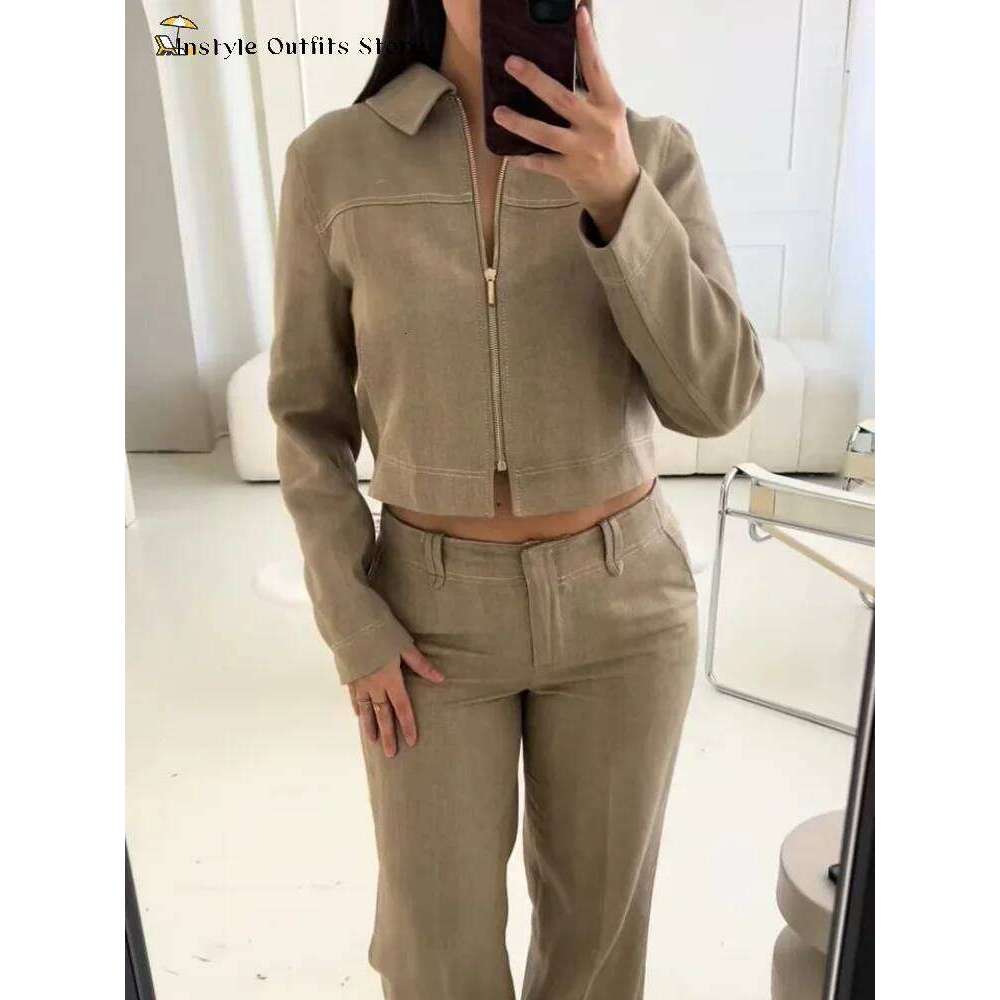 Casual Trousers Set Women Cotton Linen Lapel Zippers Crop Top Straight Pants Sets Lady Spring Autumn Solid Suit Woman Streetwear