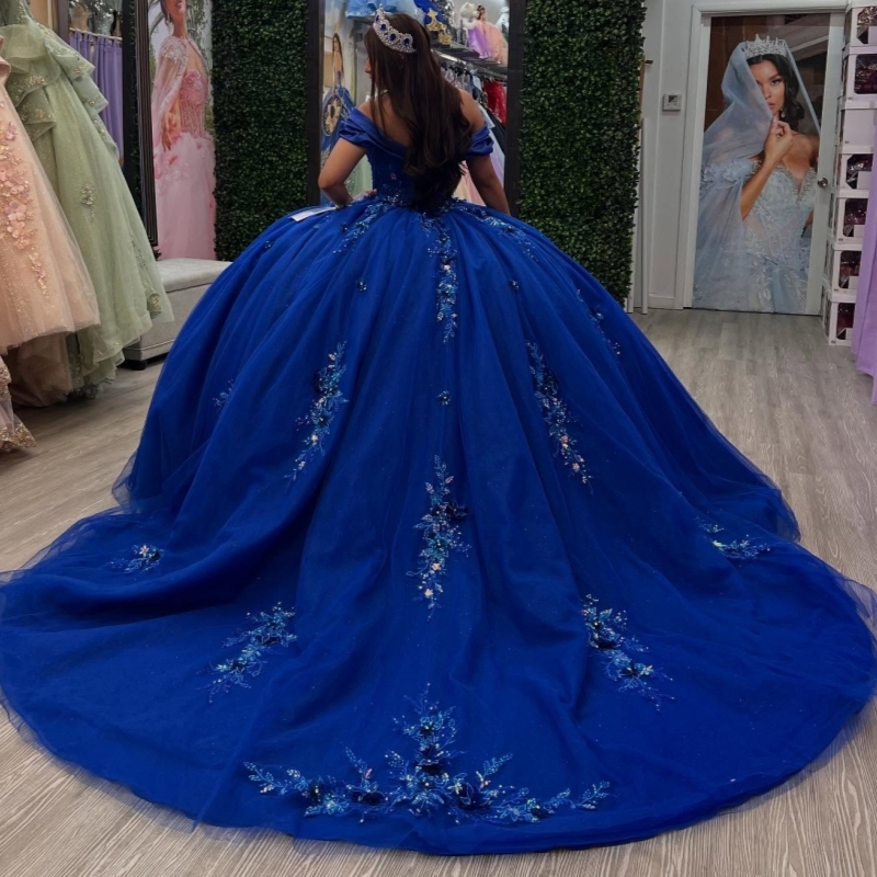 Royal Blue Shiny Quinceanera Dresses Ball Gown Off The Shoulder Applique Lace Beads Tull Sweet 16 Dress Vestidos 15 De Anos