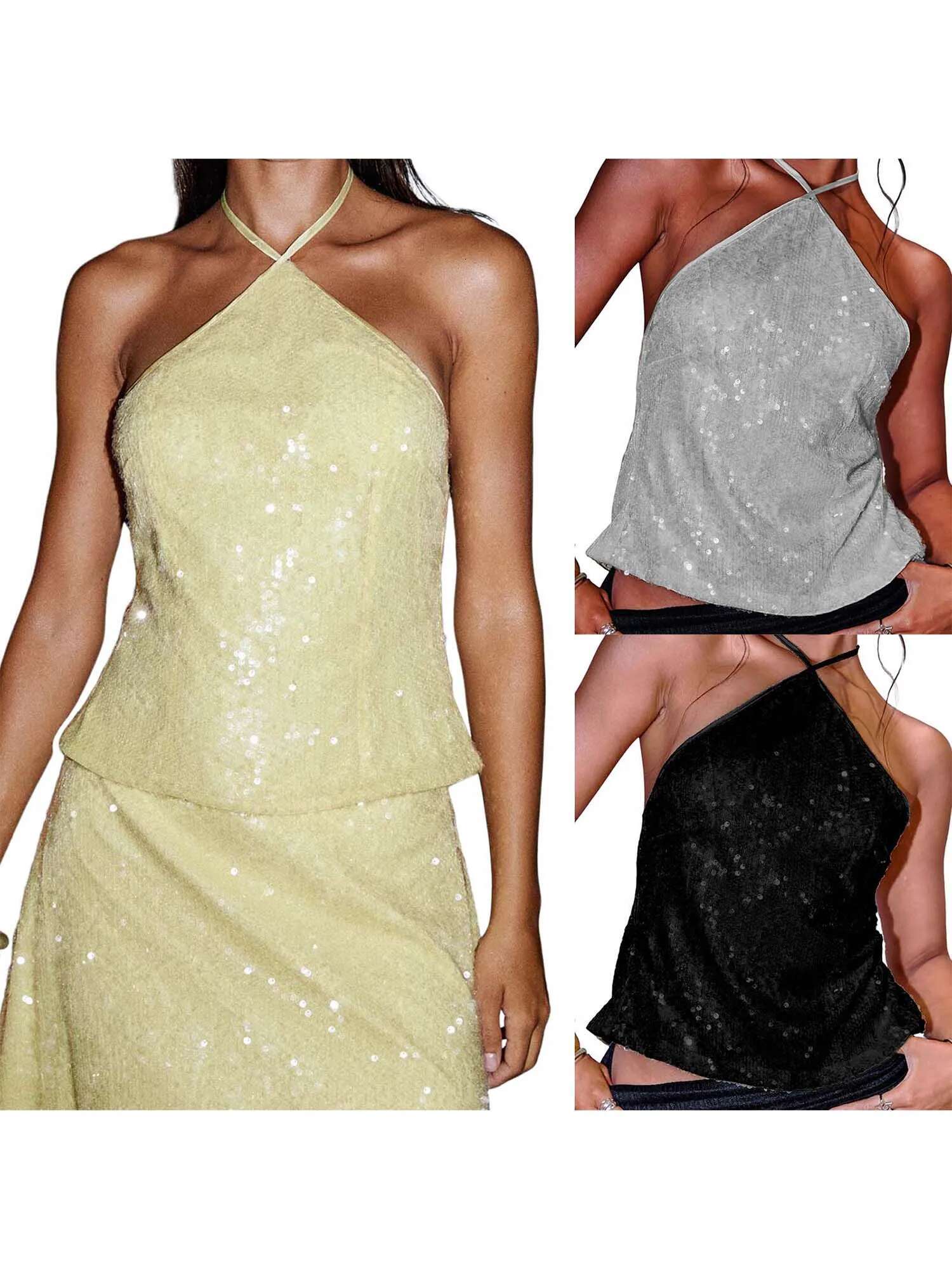 Sequined Halter Neck Crop Top with Tie-up Back and Sleeveless Design for Womens Streetwear Fashion and Grunge Style Clothing