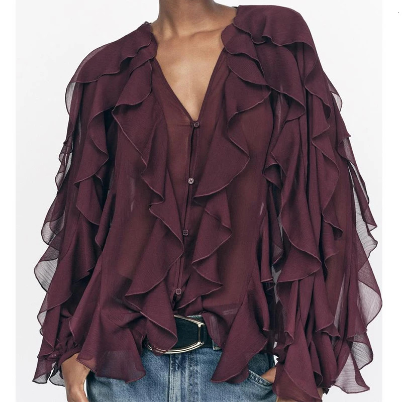 YENKYE 2025 Women Sexy Semi-sheer Ruffle Shirt Long Sleeve V Neck Front Button Spring Blouse Burgundy Blusas Mujer 250606