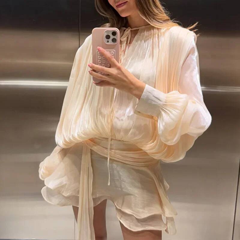 2025 Elegant Shiny Lace Up Women's Backless Ruffles Dress Chic Solid Lantern Sleeve A-Line Mini Dresses New Lady Street Vestidos