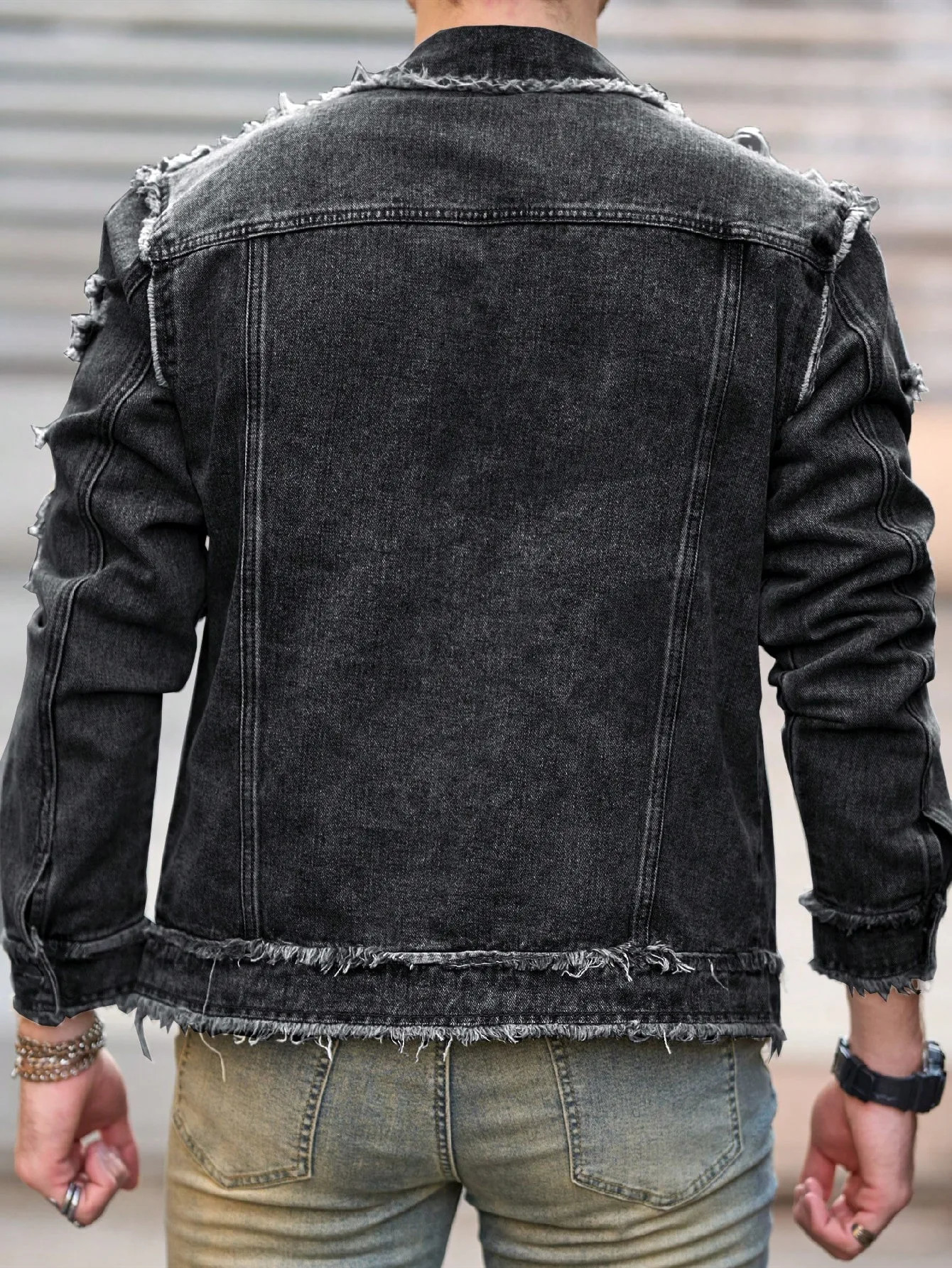 1pc Mens U2K Retro Ripped Raw Edge Hole Casual Denim Jacket Simple American n Suitable for Daily Wear Flight 250530