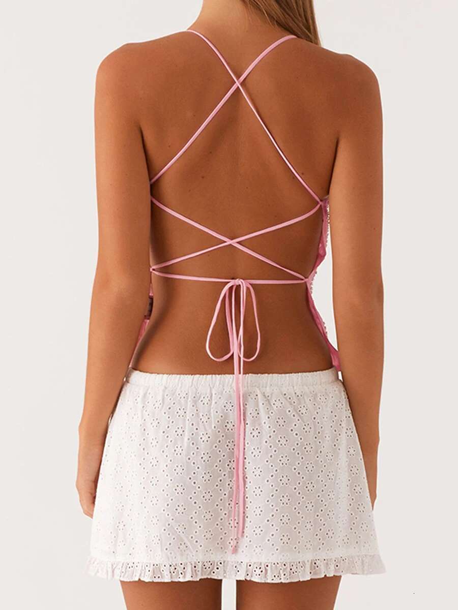 Elegant Lace Sleeveless Halter Top with Delicate Embroidery Detail and Open Back Design for Chic Street Style Fashionistas