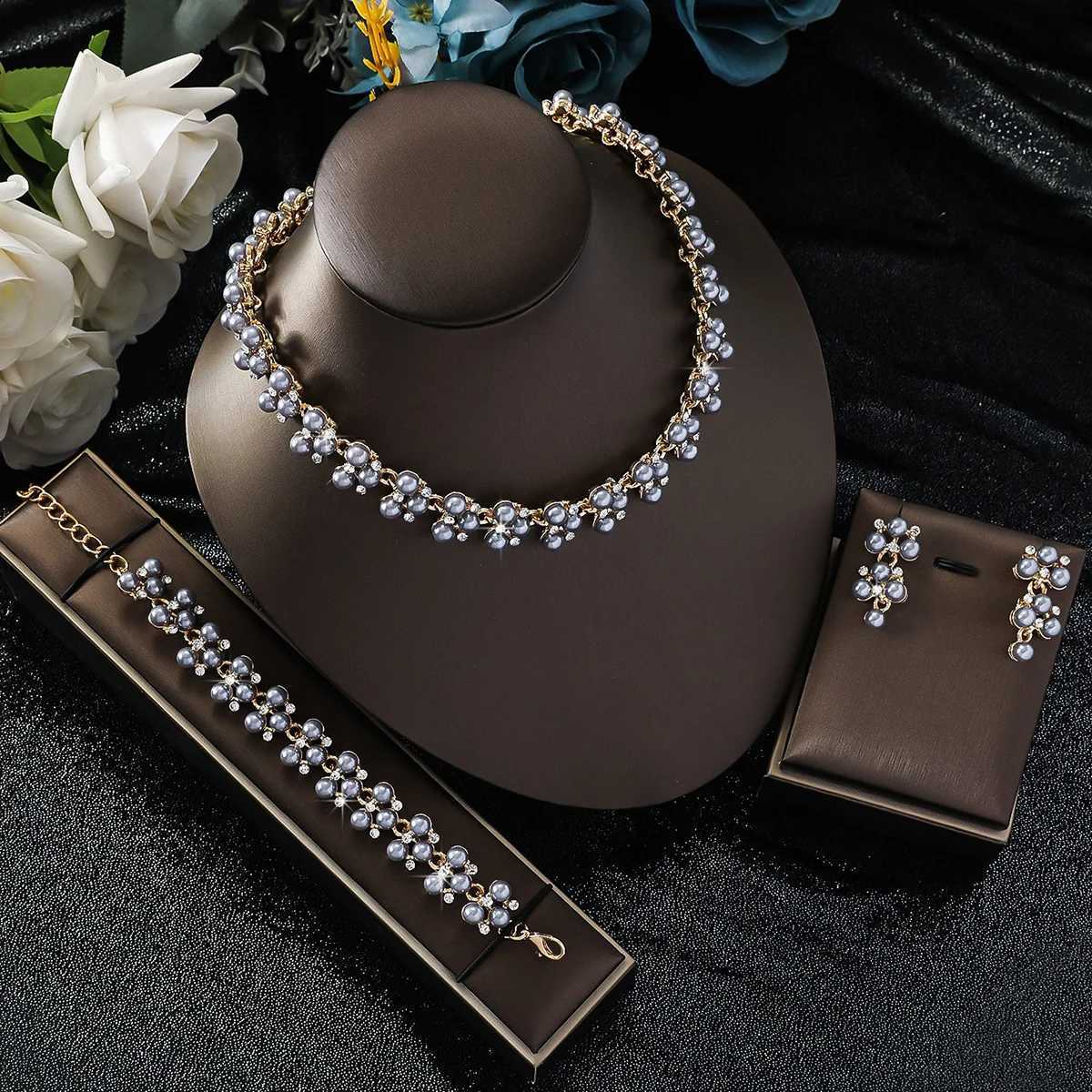 4PC Womens Fashion Simple Imitation Pearl Rhinestone Necklace Earrings Jewelry Set Suitable for Wedding Party Festival Gifts Z250607